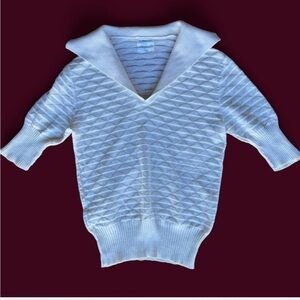 Vintage Sears Cream Textured Cotton Preppy Sweater Wide Collar V Neck Polo Style